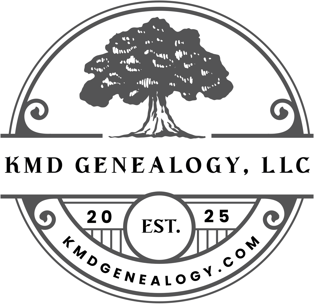 KMD Genealogy, LLC logo depicting a stylized tree centered within a circular emblem, representing family roots, growth, and heritage.
